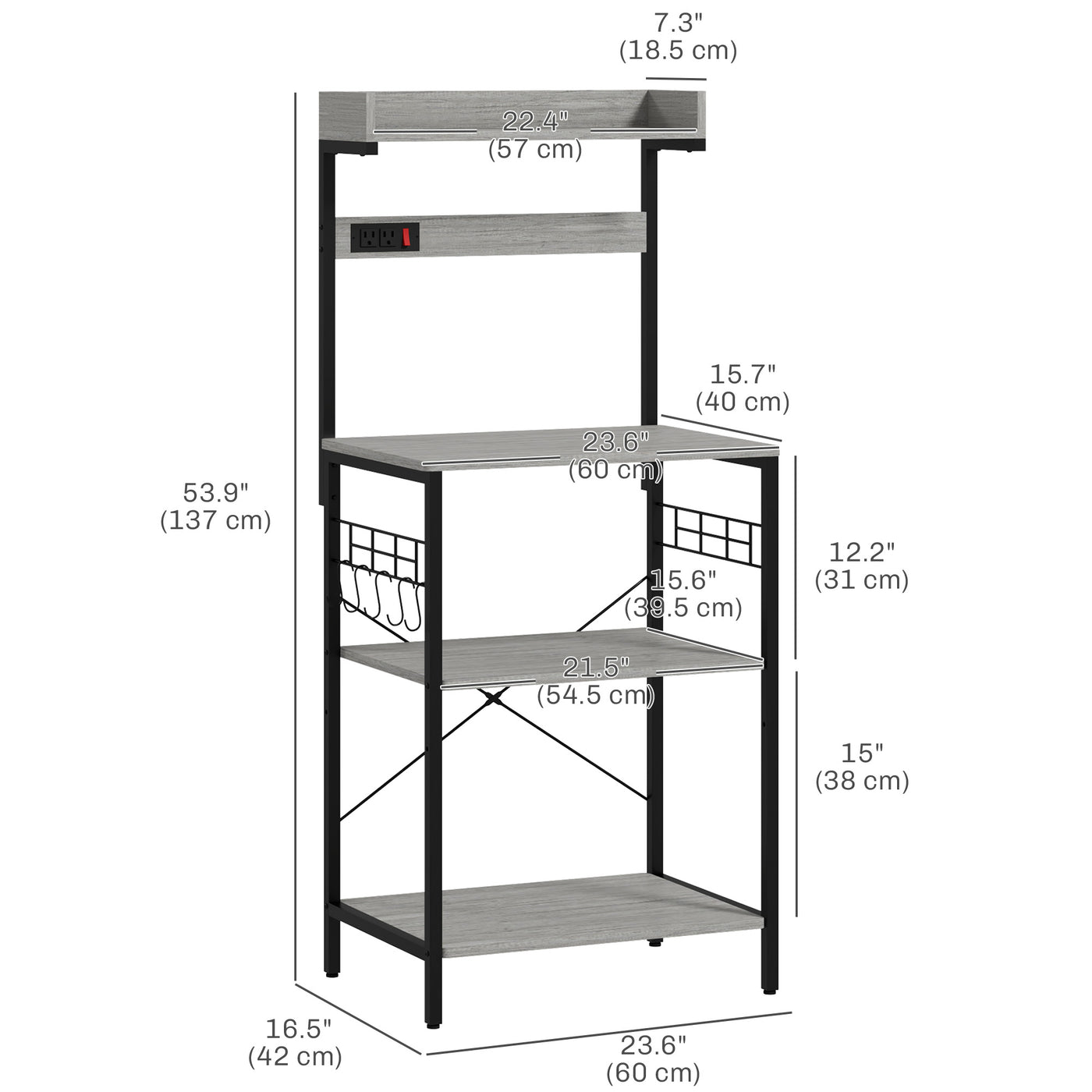 Kitchen Baker's Rack with Power Outlet, Coffee Bar Station with Adjustable Shelves and Hooks, Distressed Grey