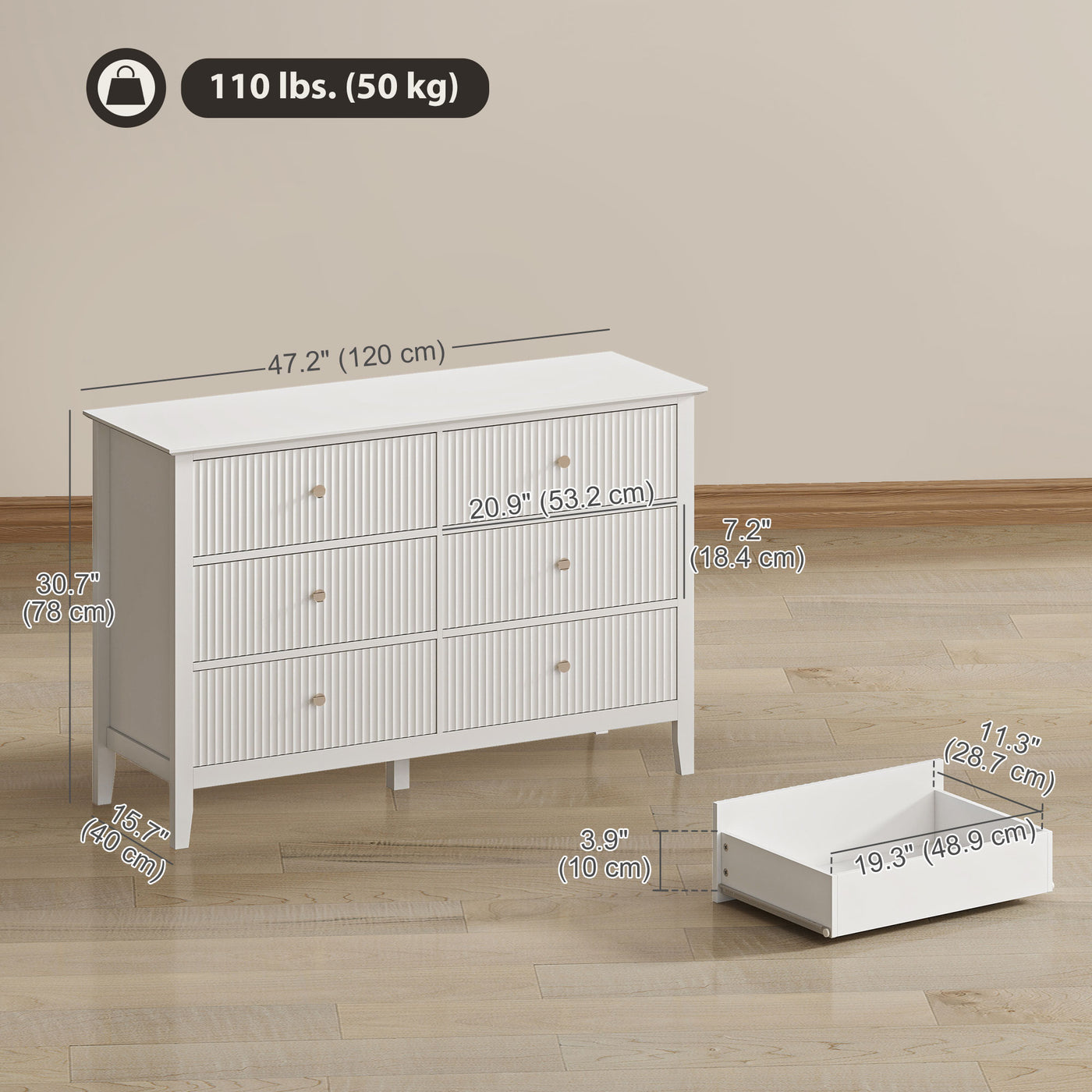 Double Chest of Drawers, Modern 6 Drawer Dresser for Bedroom, Living Room, Hallway, Closet, White