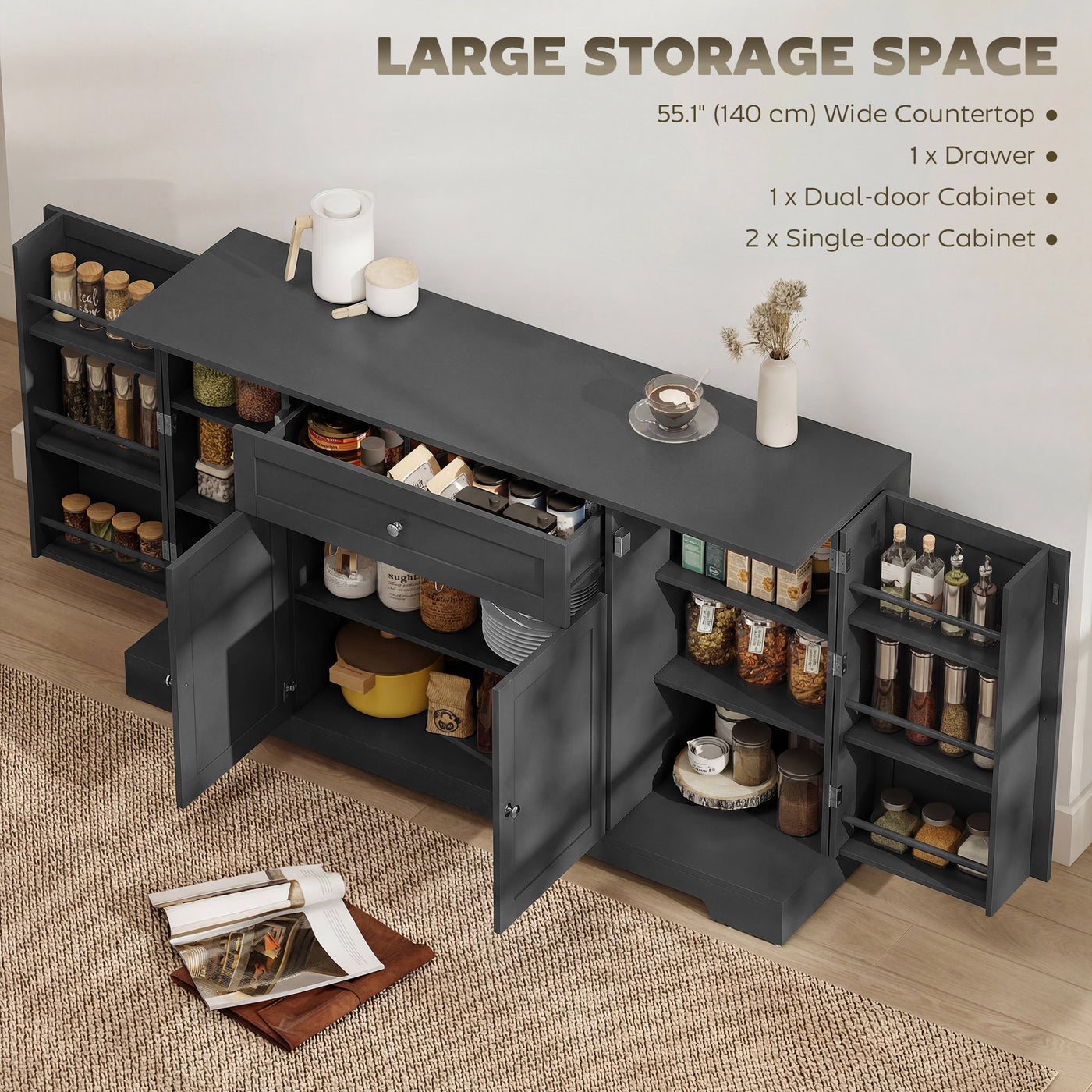 55" Modern Kitchen Storage Cabinet with Drawer, Adjustable Shelves, Small Kitchen Pantry with Door Racks, Black