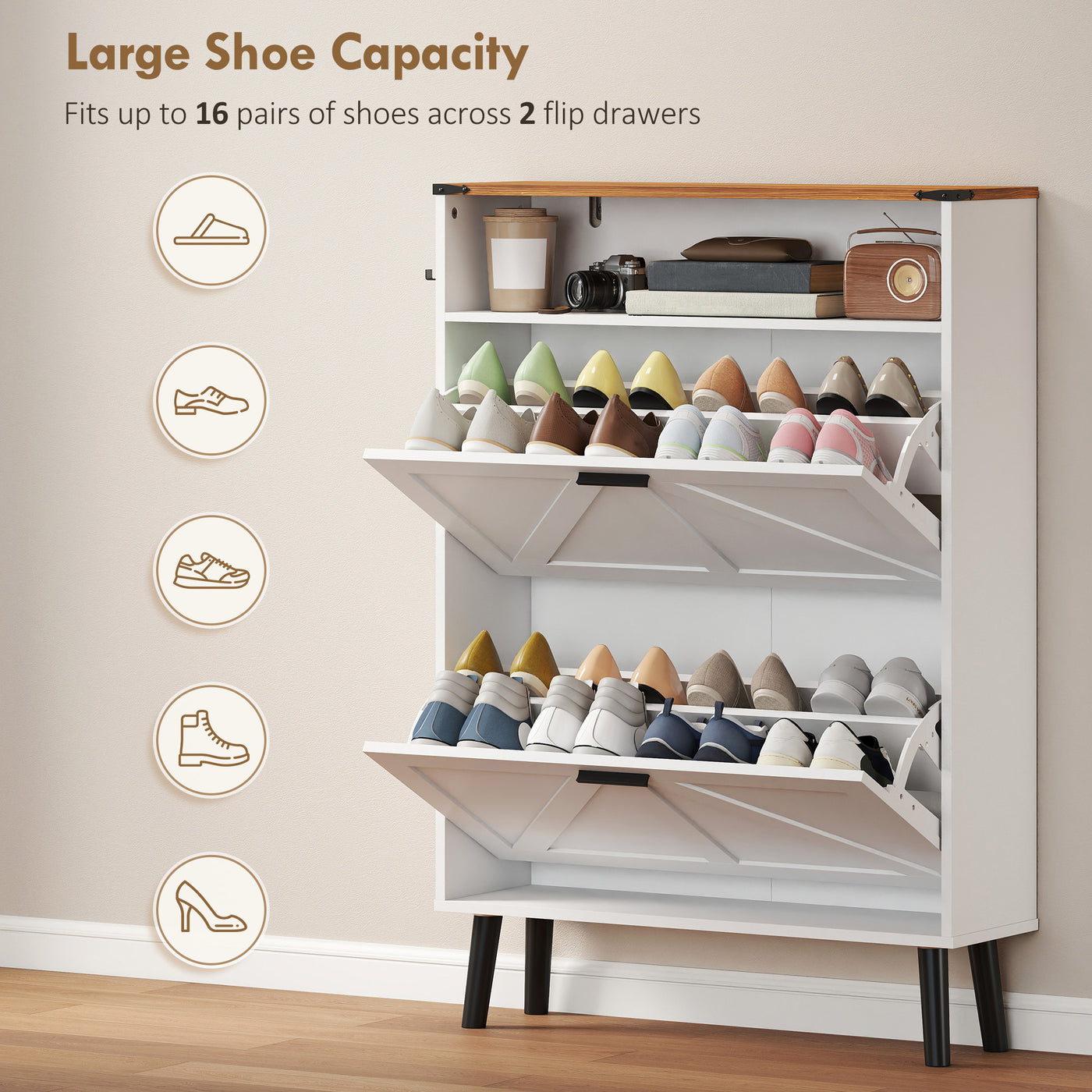 Shoe Storage Cabinet with 2 Flip Drawers, Farmhouse Narrow Shoe Cabinet, Holds Up to 16 Pairs, White
