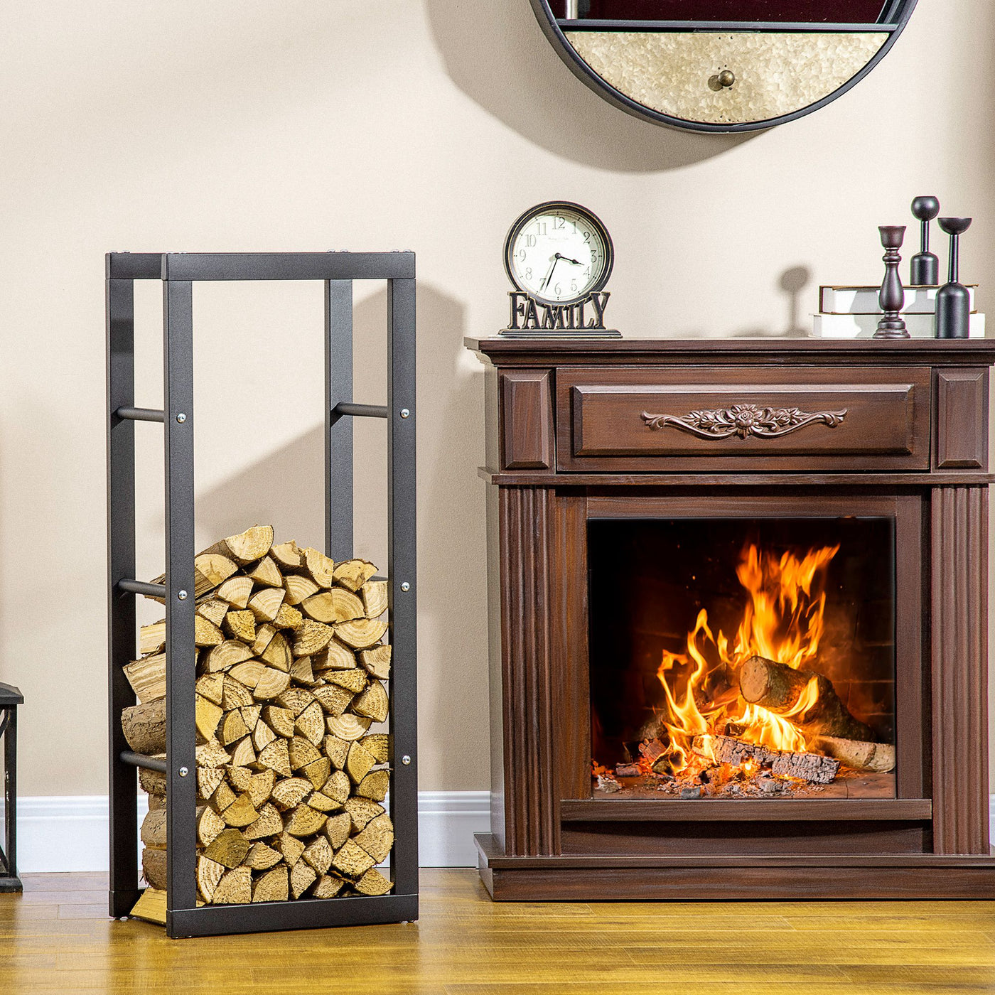 15.7" x 9.8" x 39.4" Firewood Rack Outdoor, Log Holder Fireplace Storage Rack with Handles and 220 lbs. Weight Capacity, Black