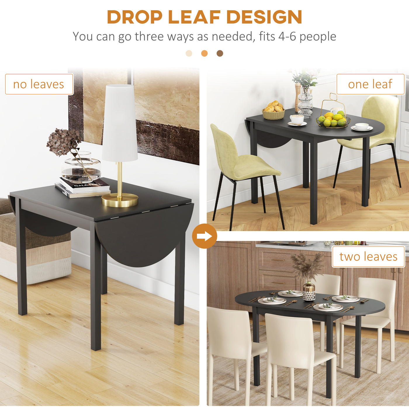 Solid Wood Kitchen Table, Drop Leaf Tables for Small Spaces, Folding Dining Table, Black
