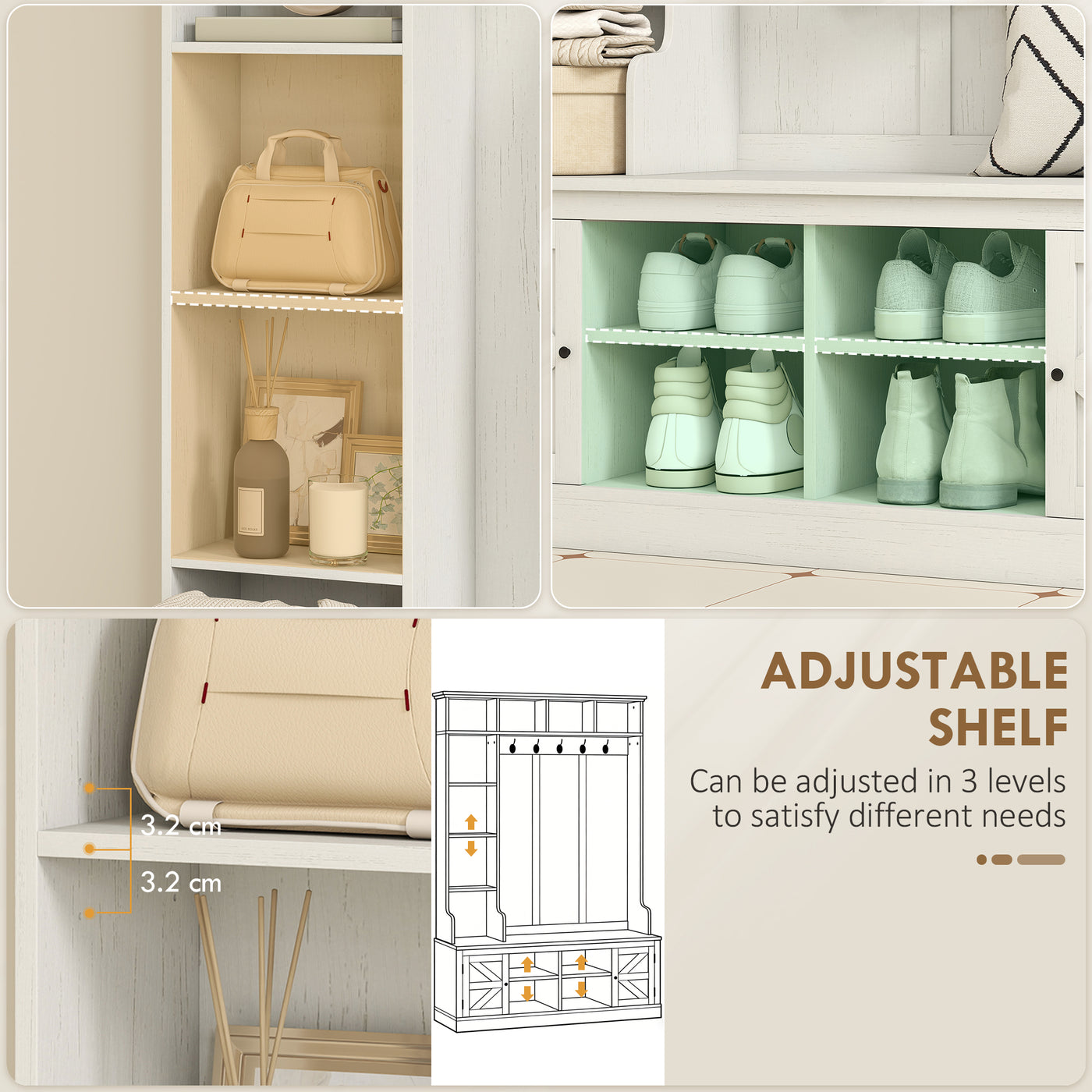 Hall Tree with Bench and Shoe Storage, Entryway Bench with Coat Rack, 12 Shelves, 2 Cabinets, 5 Hooks, White Wood Grain