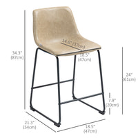 Counter Height Bar Stools Set of 2, Vintage PU Leather Bar Chairs, Kitchen Stool with Footrest, Beige