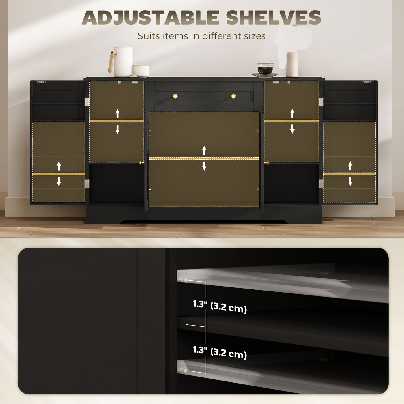 Sideboard Buffet Cabinet, Farmhouse Coffee Bar Cabinet with Door Shelves, Adjustable Shelves, Drawer, Barn Doors, Black