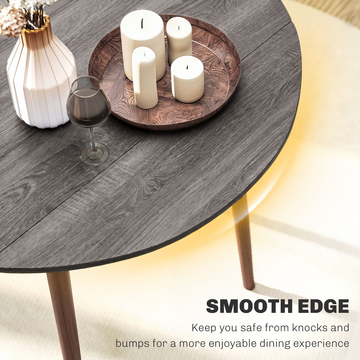 35" Folding Dining Table, Collapsible Drop Leaf Table with Round Tabletop, Wood Legs, Distressed Light Grey