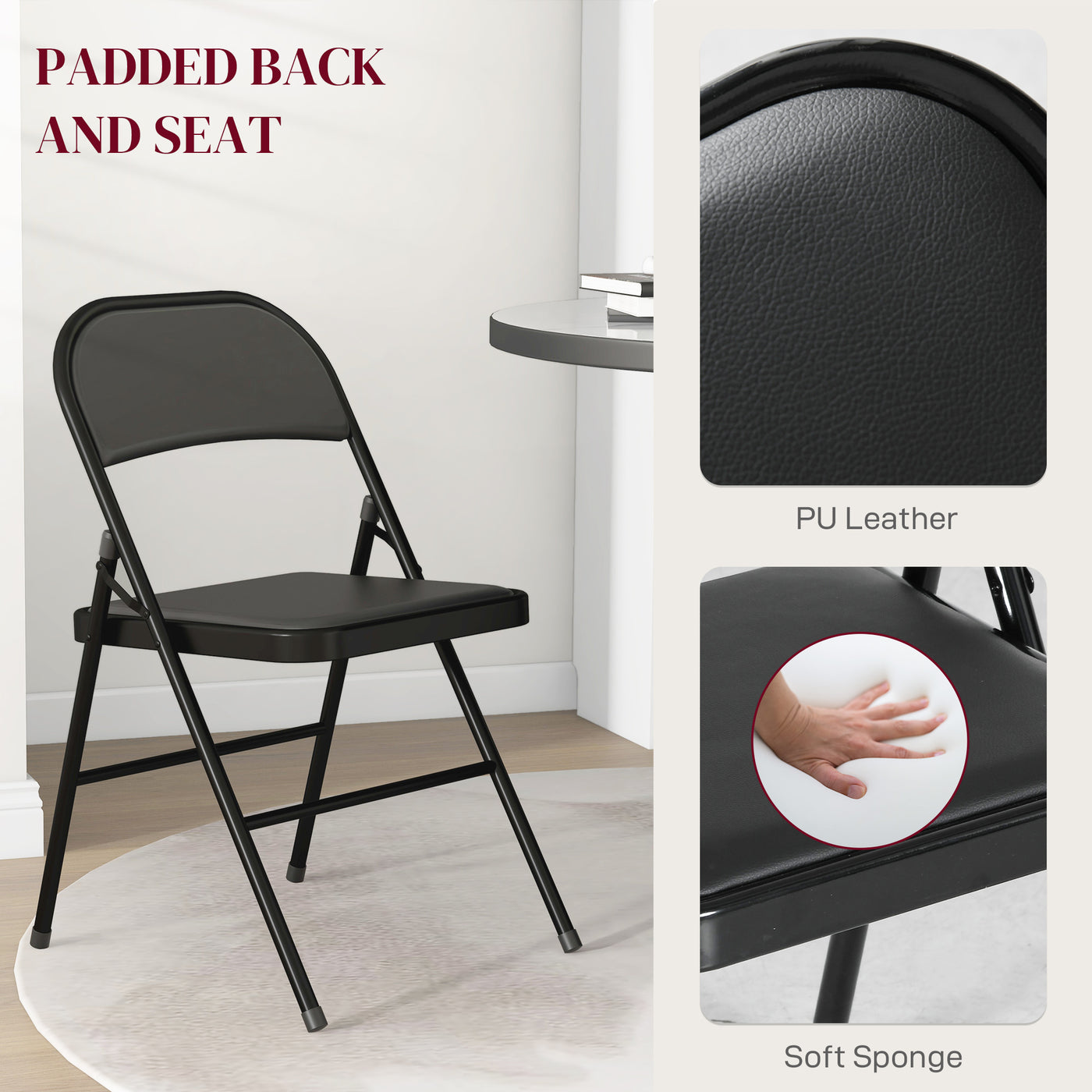 Set of 2 Metal Foldable Chairs, PU Leather Padded Folding Chairs with Cushion Seat and Open Back for Indoor, Black