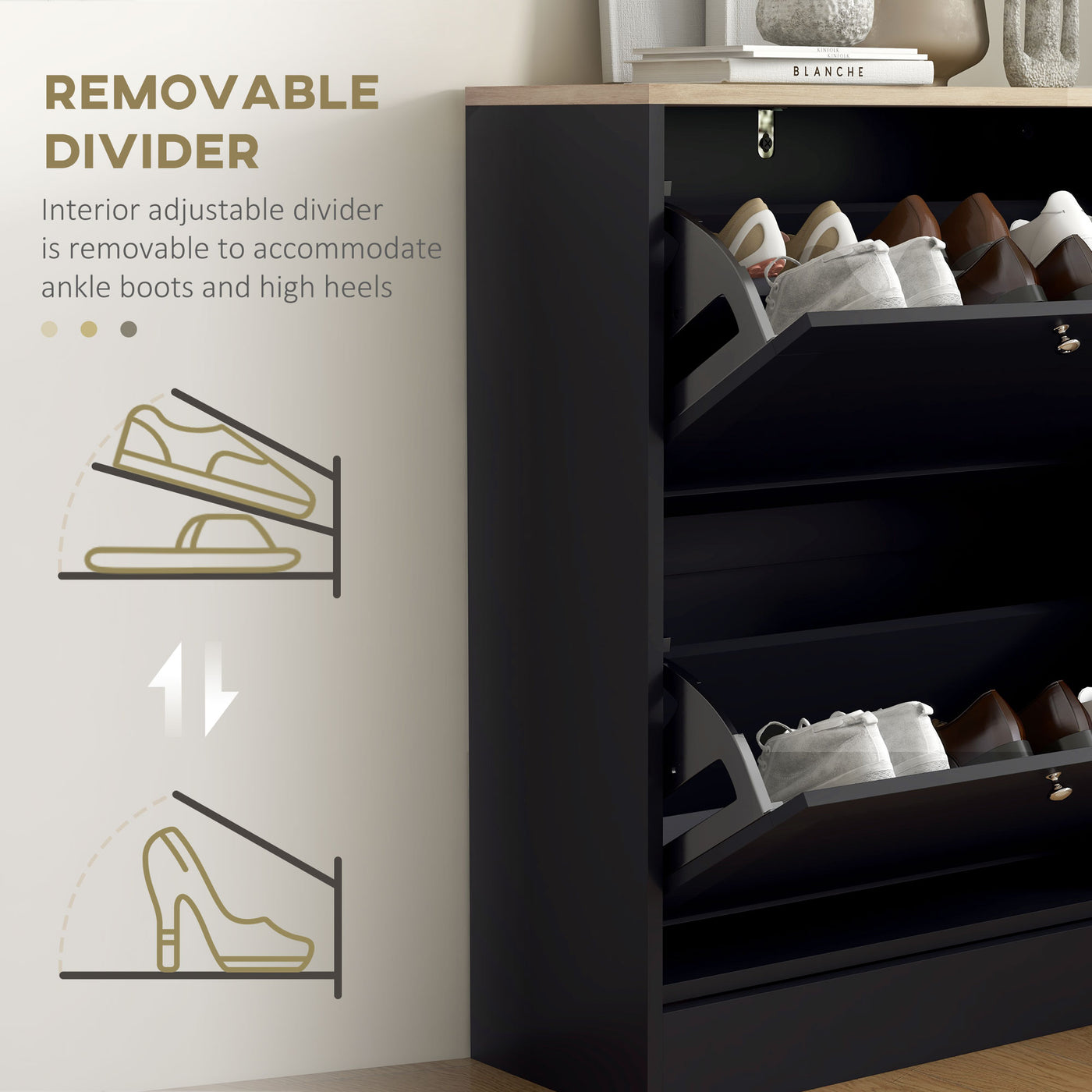 Slim Shoe Storage Cabinet, Modern Shoe Cabinet with 2 Flip Drawers and Adjustable Shelves for 8-12 Pairs, Black
