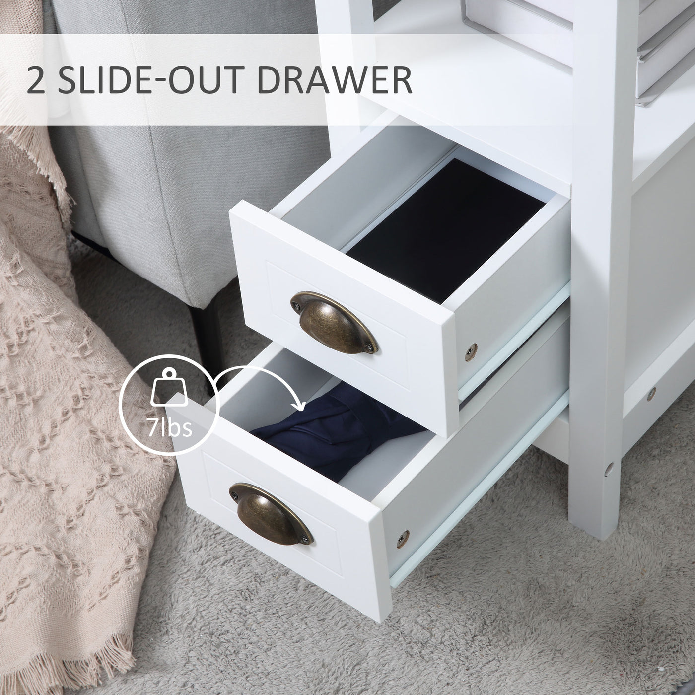 Slim End Table with 2 Drawers and Storage Shelf, Sofa Side Table for Living Room, Narrow Nightstand, White