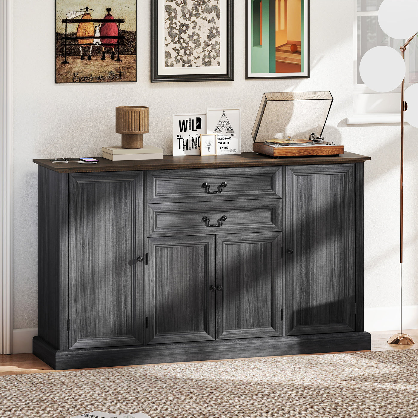 Farmhouse Sideboard with Charging Station and Thickened Top, 58" Buffet Cabinet with 2 Soft-Close Drawers, Black