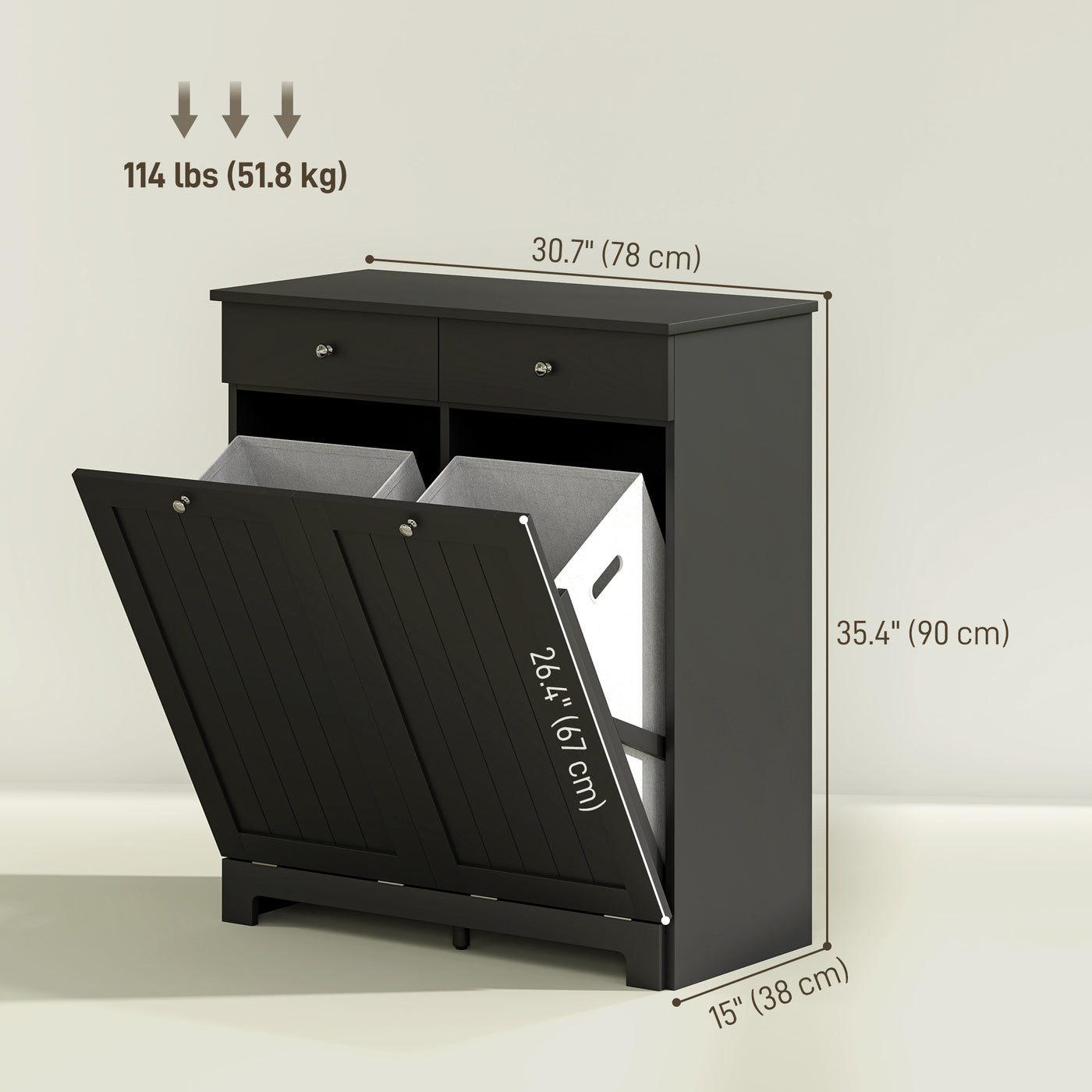 Laundry Cabinet, Tilt Out Laundry Hamper Cabinet with 2 Baskets, Bathroom Hamper Cabinet with 2 Drawers, Black