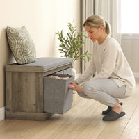 Shoe Storage Bench with Seat, Entryway Bench Seat with Cushion, 3 Fabric Drawers for Hallway, Washed Grey