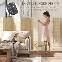 Wooden Room Divider with Pegboard Display, 6 Panel Folding Privacy Screen for Home Office, Natural Wood