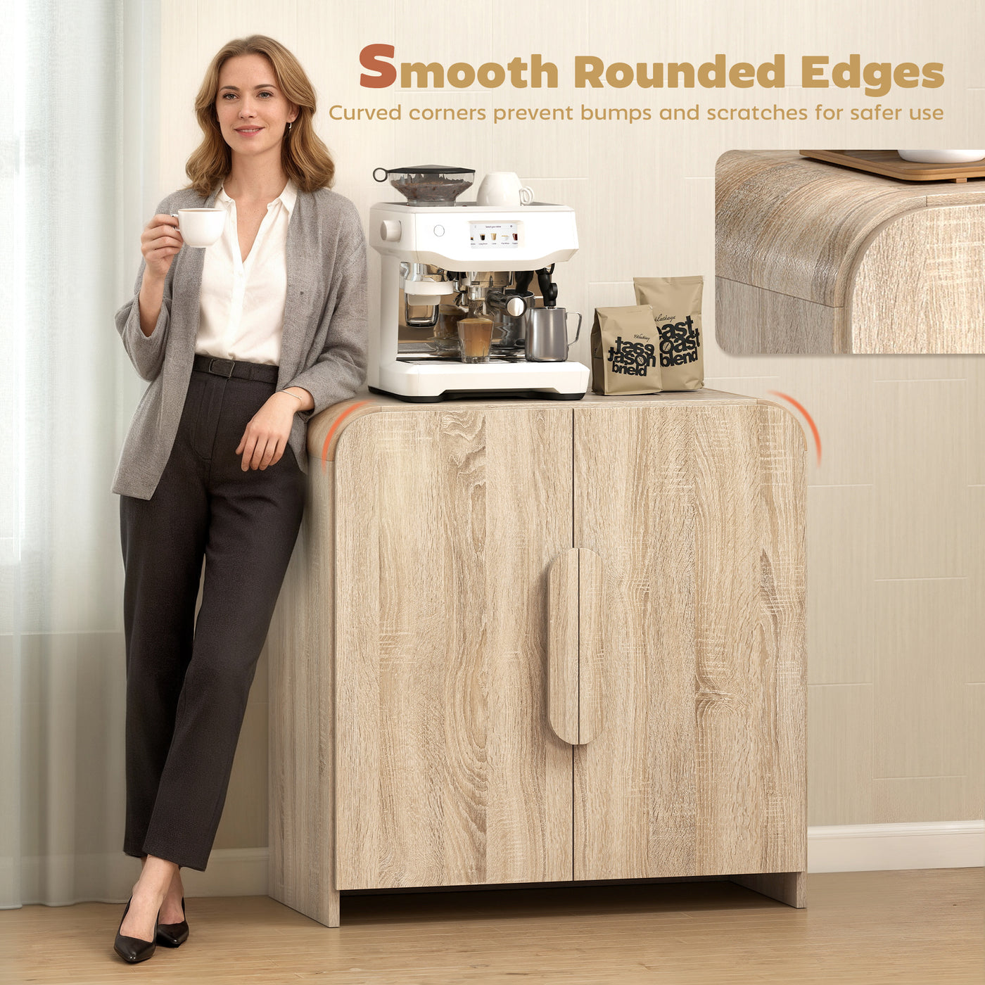 Sideboard Buffet Cabinet, 31.5" Modern Kitchen Storage Cabinet with Soft-Close Door and Adjustable Shelf, Natural Wood