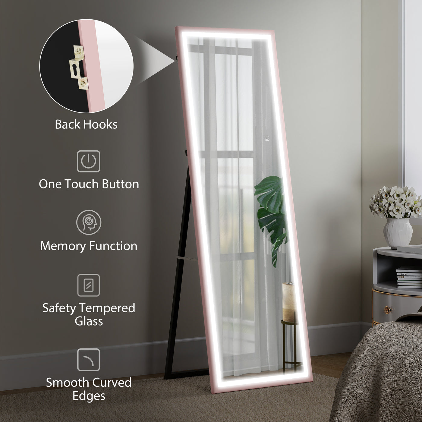 LED Mirror with Dimmable and 3 Colour Lights, 64" x 21" Rectangular Full Body Mirror for Bedroom Living Room, Pink