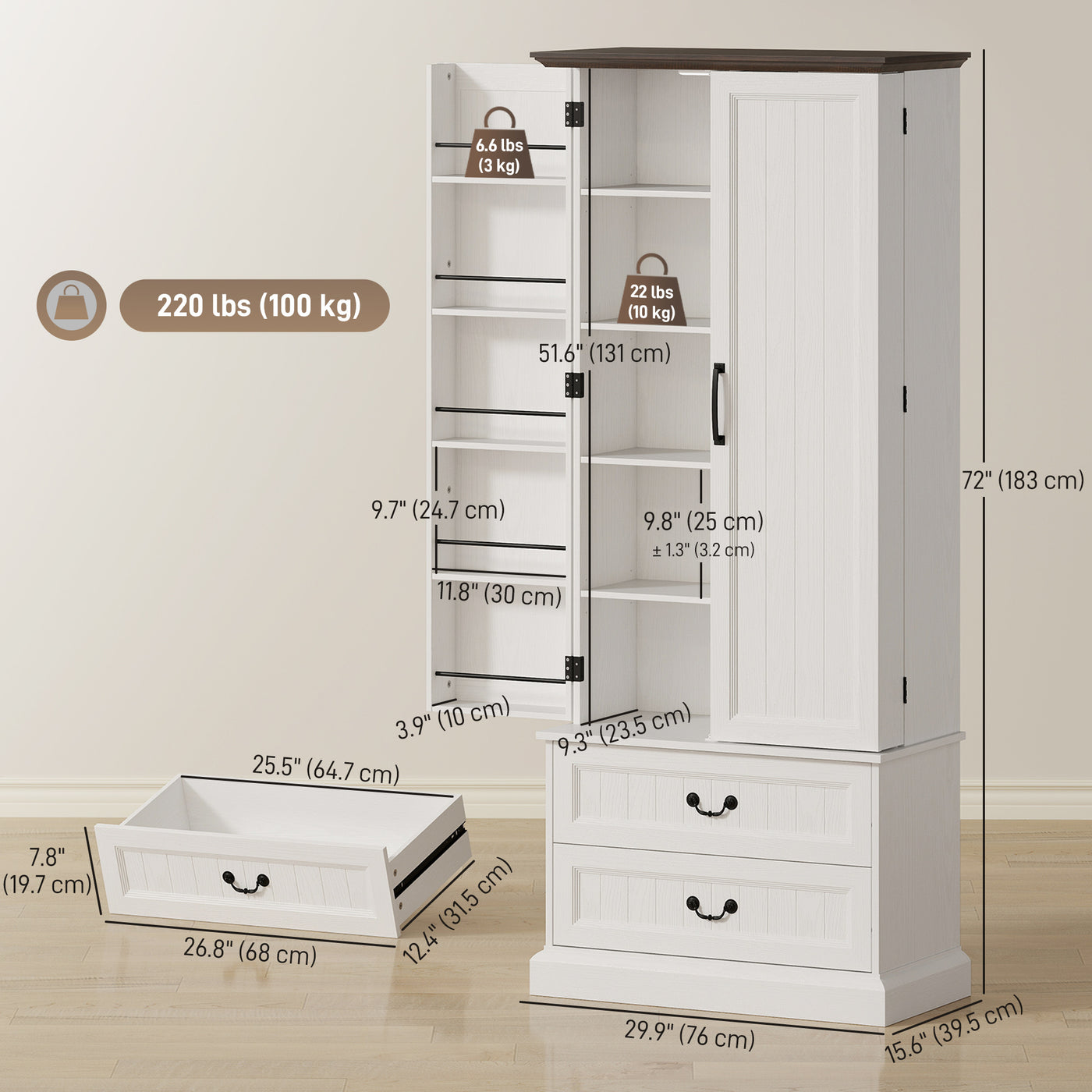72" LED Kitchen Pantry Cabinet, Buffet Storage Cabinet with 10 Door Shelves, 2 Drawers and Adjustable Shelves, White