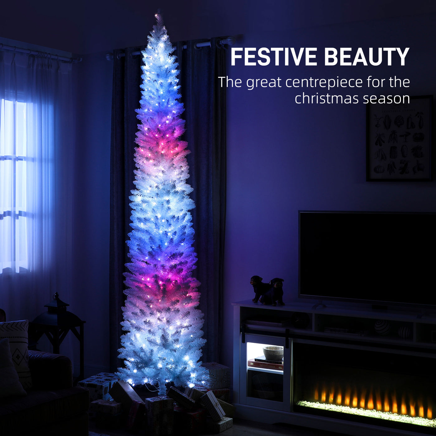 9ft Christmas Tree with Colourful DIY Synchronized LEDs, Hinged Pencil Xmas Tree with Remote, Daily Timer, White