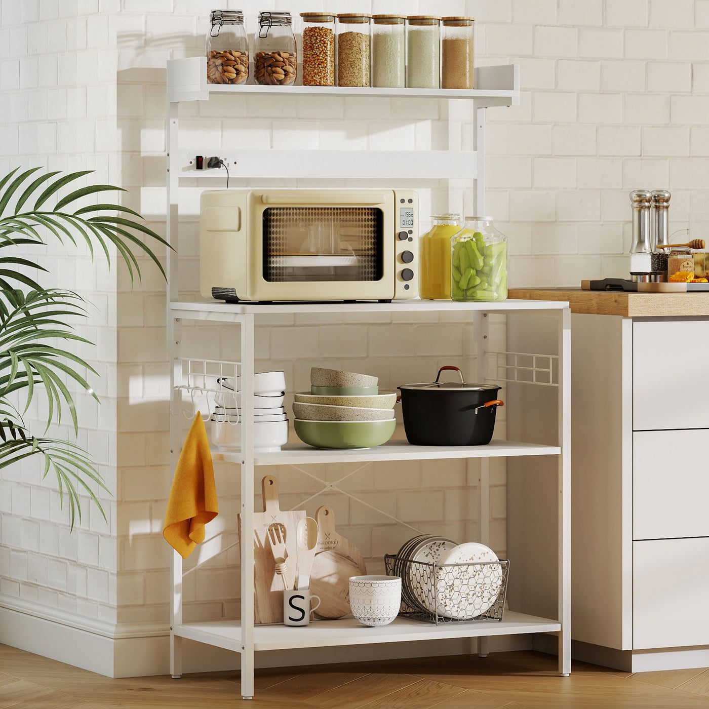 Kitchen Baker's Rack with Power Outlet, Coffee Bar Station with Adjustable Shelves and Hooks, Distressed White