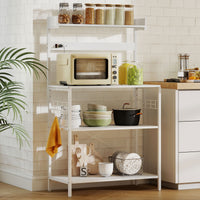 Kitchen Baker's Rack with Power Outlet, Coffee Bar Station with Adjustable Shelves and Hooks, Distressed White