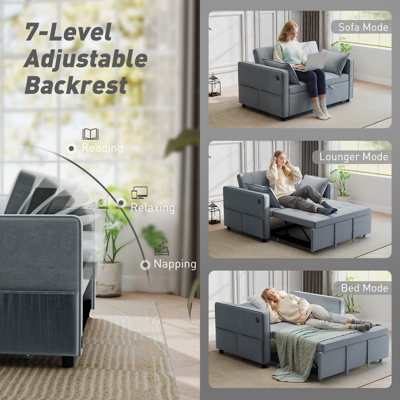 3‑in‑1 Convertible Sofa Bed, Pull Out Sleeper Sofa with USB Charging, Adjustable Backrest, Side Pockets, Dark Grey