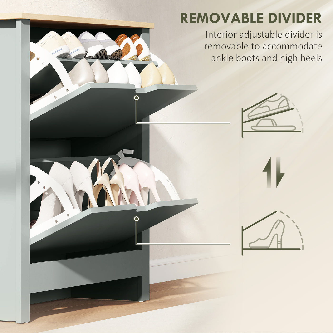 Shoe Storage Cabinet with 2 Flip Drawers and Adjustable Shelves for 8–12 Pairs of Shoes, Light Grey