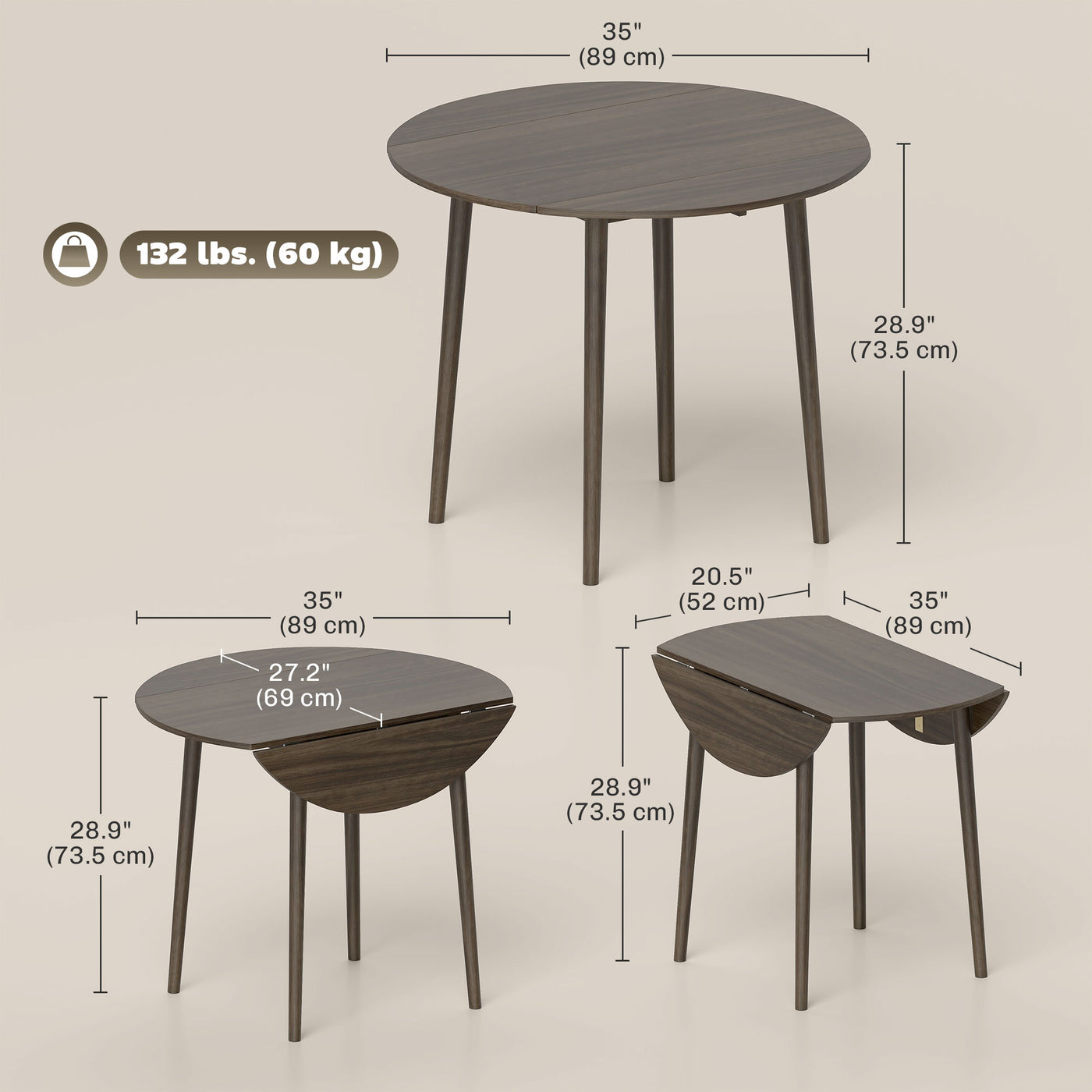 Folding Dining Table, Round Drop Leaf Kitchen Table for Small Spaces with Wood Legs, Distressed Grey