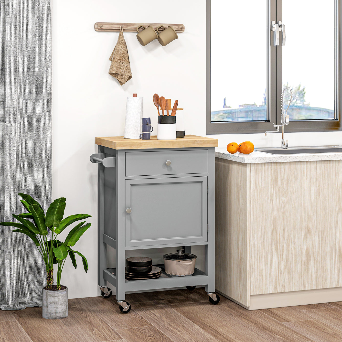 Kitchen Cart on Wheels, Rolling Kitchen Island Cart with Wood Top, Towel Rack, Drawer and Shelf for Dining Area, Grey