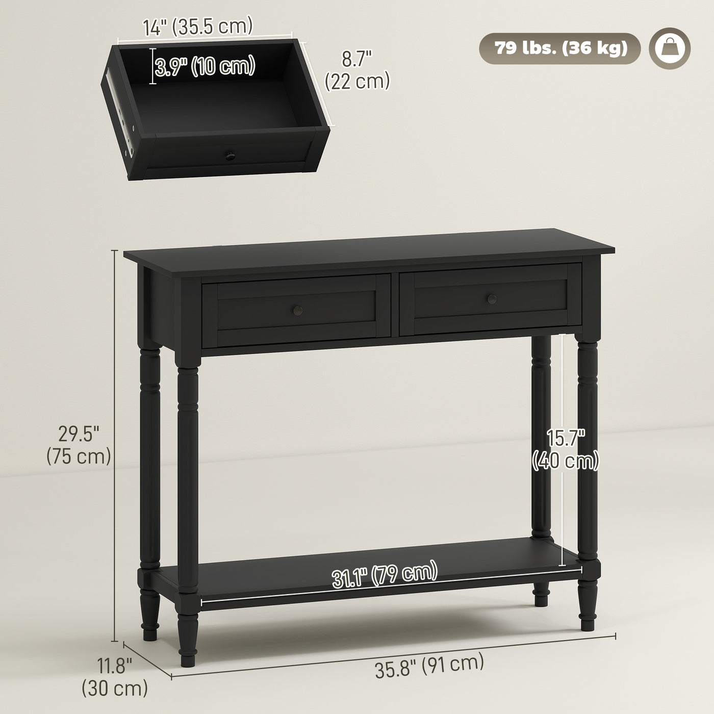 Hallway Console Table, Modern Entryway Table with 2 Drawers, Storage Shelf, Turned Legs for Living Room, Bedroom, Black
