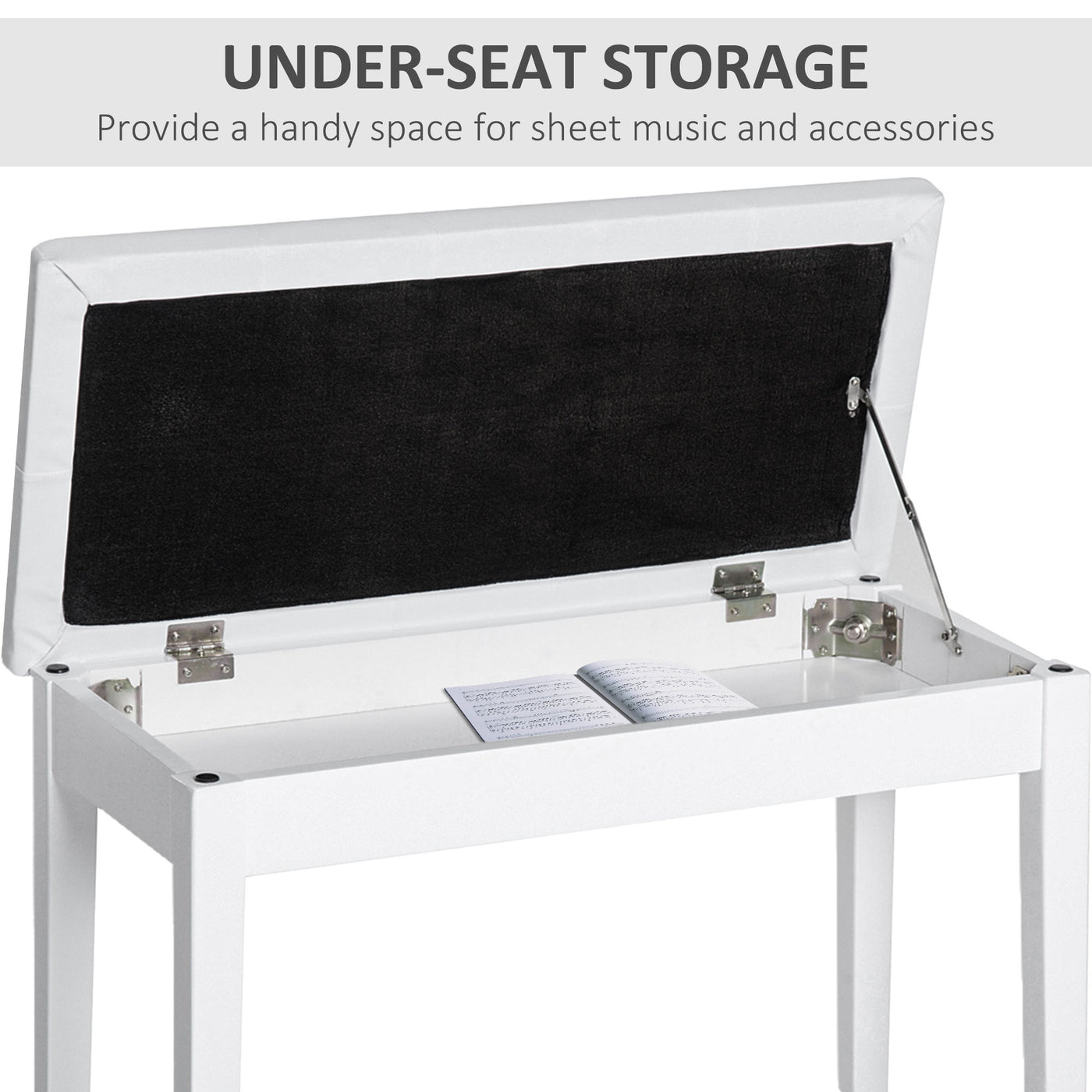 30" Piano Bench with Padded Cushion and Storage, Faux Leather Keyboard Bench with Solid Wood Legs, White