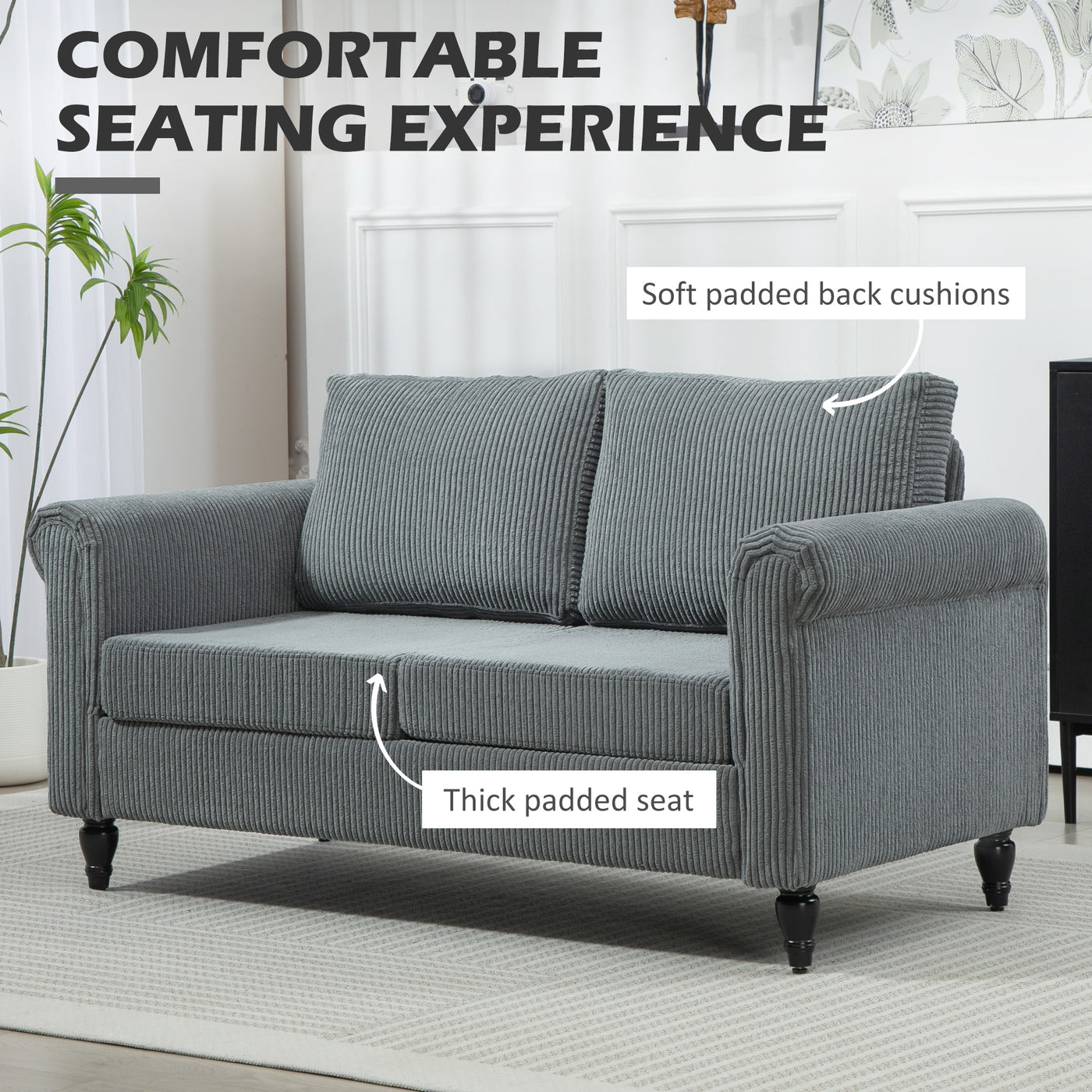 Vintage Loveseat, Upholstered Love Seat Furniture, Fabric 2 Seater Sofa with Rolled Arms, Rubber Wood Legs, Grey