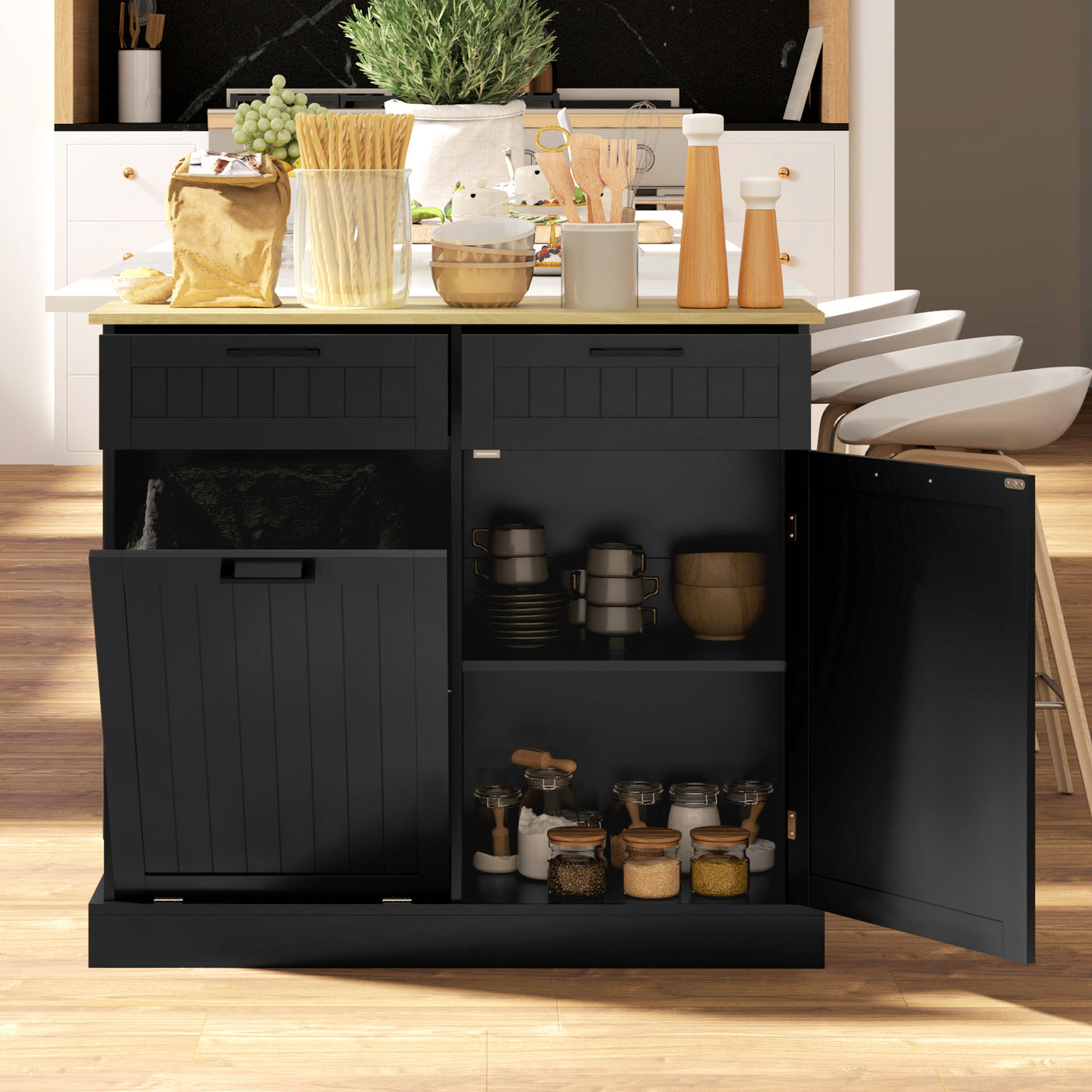 Hidden Garbage Bin Cabinet, Tilt Out Trash Cabinet w/ 2 Drawers, Freestanding Kitchen Island for Laundry, Black