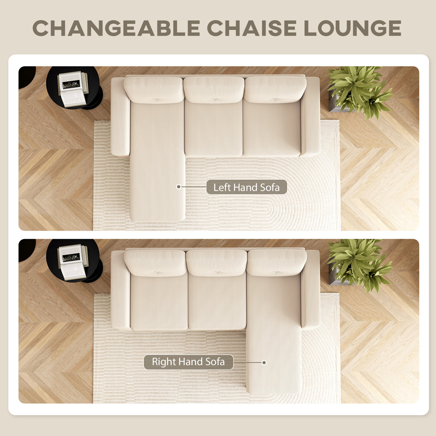 Sectional Sofa with Changeable Chaise Lounge, 3 Seat L-Shaped Sofa, Upholstered Couch for Small Space, Cream White