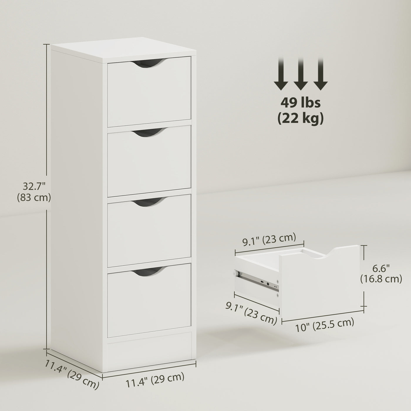 4-Drawer Bathroom Cabinet, Freestanding Narrow Storage Cabinet with Groove Handles for Small Spaces, White