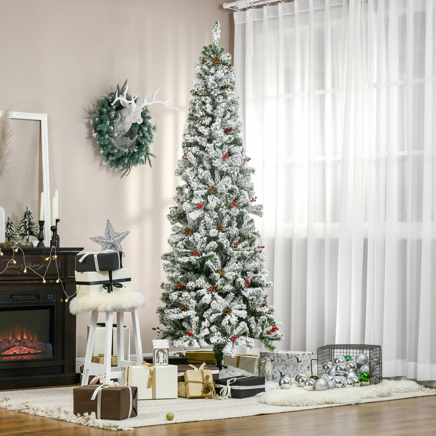 7.5 Foot Pencil Snow Flocked Artificial Christmas Tree with 950 Pine Realistic Branches, Pine Cones, Red Berries, Auto Open, Green