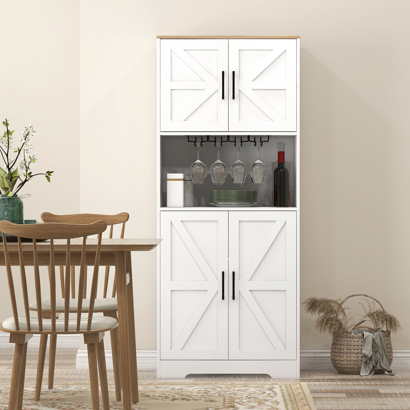 Farmhouse Kitchen Pantry, 68" Freestanding Hutch Storage Cabinet with Microwave Oven Countertop, White