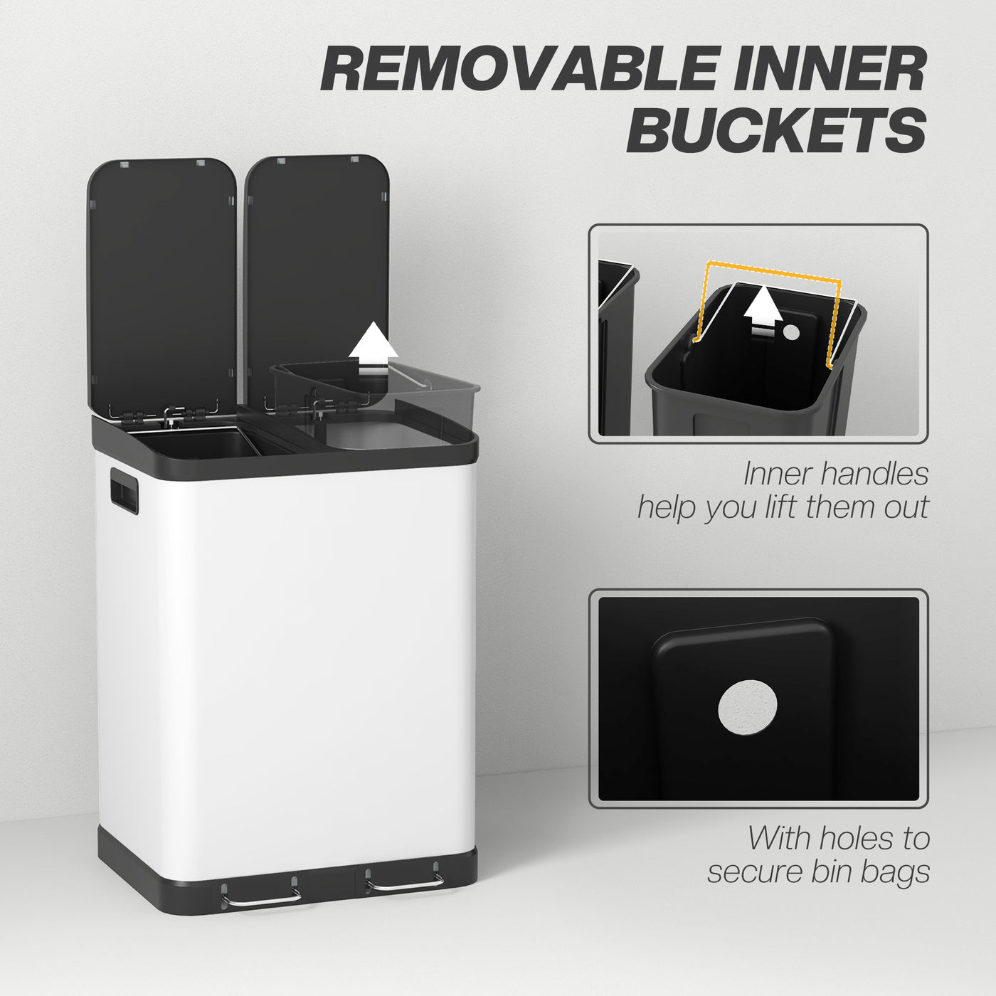 Kitchen Garbage Bin, 2 x 7.9 Gal (2 x 30 L) Trash Can, Soft-Close Garbage Can with Removable Inner Buckets, White