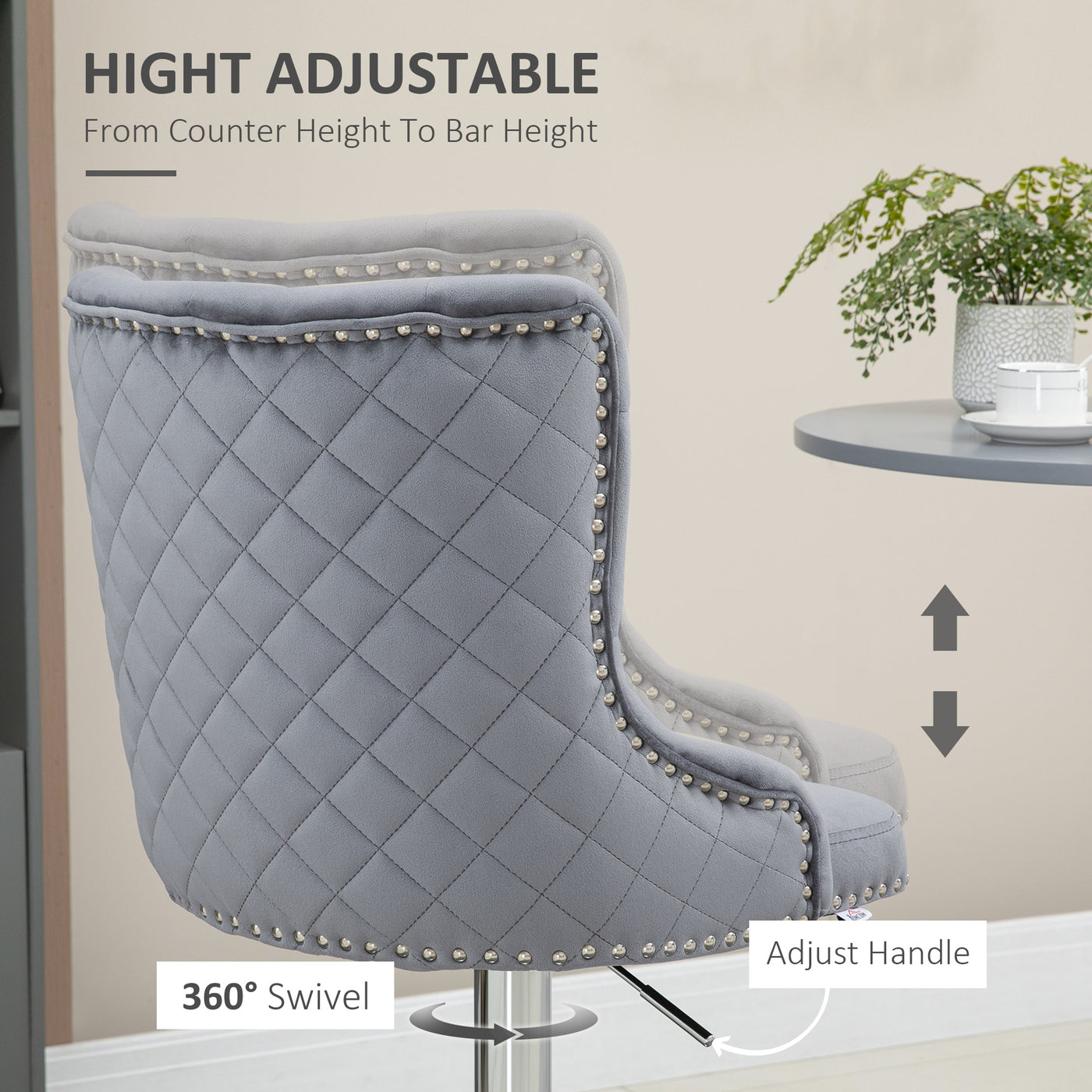 Modern Adjustable Bar Stools Set of 2, Swivel Velvet Barstools, Counter Height Bar Chairs with Button Tufted Back, Footrest, Nailhead Trim for Home Bar, Grey