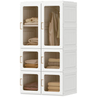Portable Wardrobe, Foldable Plastic Closet with 5 Compartments, Hanging Rod and Magnetic Doors, White