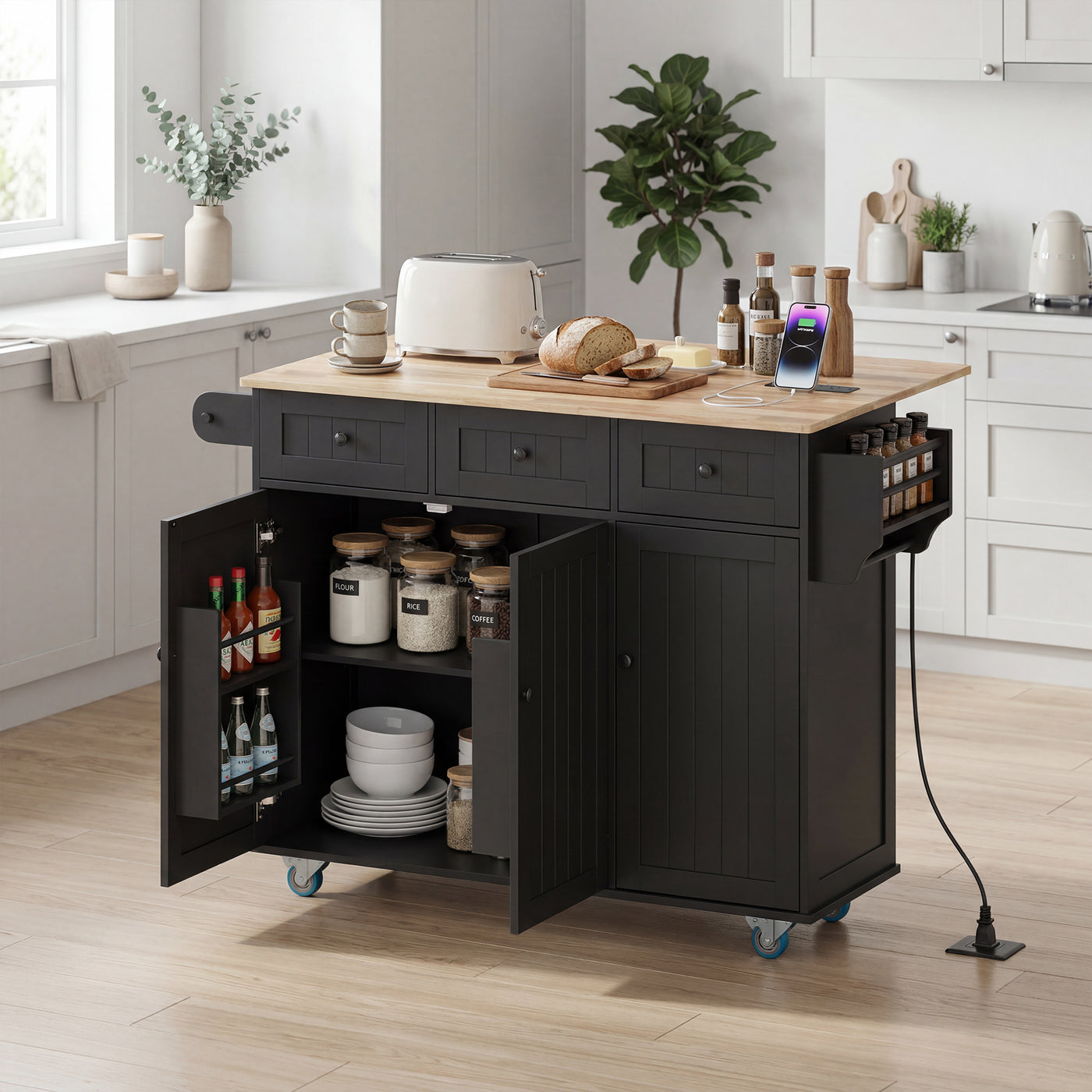 Kitchen Island on Wheels with Drop Leaf, Charging Station, Rolling Kitchen Cart with Wood Top, Adjustable Shelf, Black