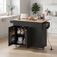 Kitchen Island on Wheels with Drop Leaf, Charging Station, Rolling Kitchen Cart with Wood Top, Adjustable Shelf, Black