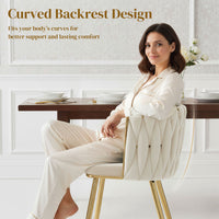 Modern Dining Chairs Set of 2, Velvet-Feel Upholstered Kitchen Chairs with Woven Backrest and Metal Legs, Cream White