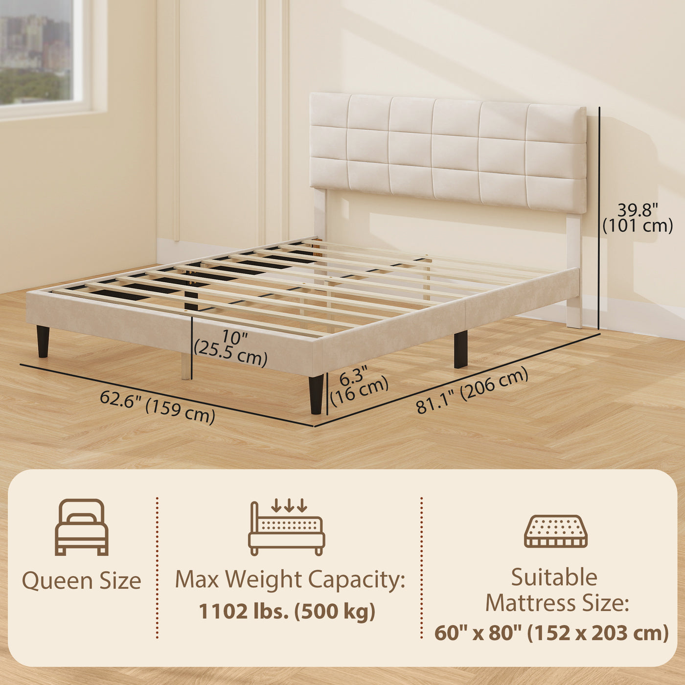 Queen Size Bed Frame with Upholstered Headboard, Modern Platform Bed Frame with Wood Slats, 1100 lbs Capacity, Cream