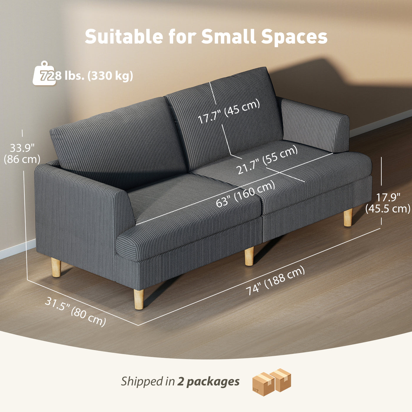 3 Seater Sofa, 74" Modern Corduroy Upholstered Couch with Thick Spring Cushions, Solid Wood Legs, Armrests, Dark Grey