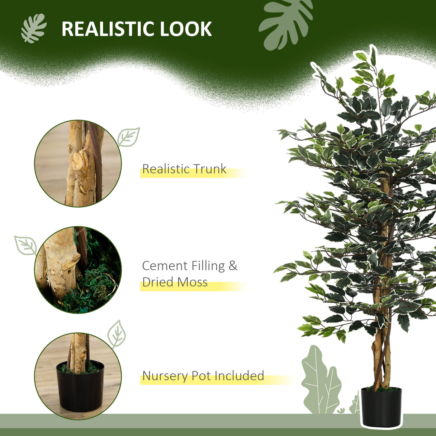 4.3FT Artificial Ficus Tree, Fake Tree with Leaves, Faux Plant in Nursery Pot for Indoor Decoration