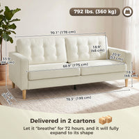 3 Seater Sofa Upholstered with Padded Cushion Modern Button Tufted Couch with Wood Legs, Cream White