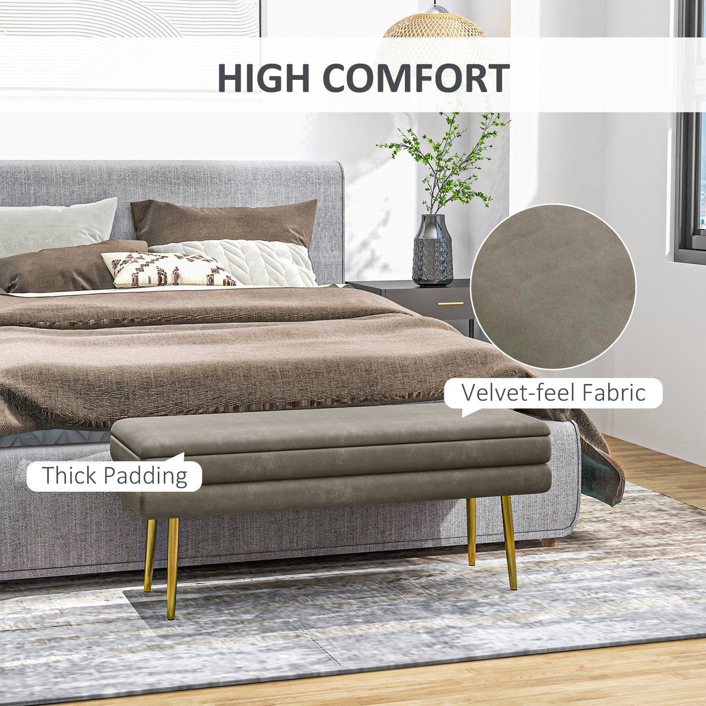 39" Storage Ottoman, Velvet End of Bed Bench with Steel Legs, Foot Stool with Storage for Bedroom, Living Room, Beige