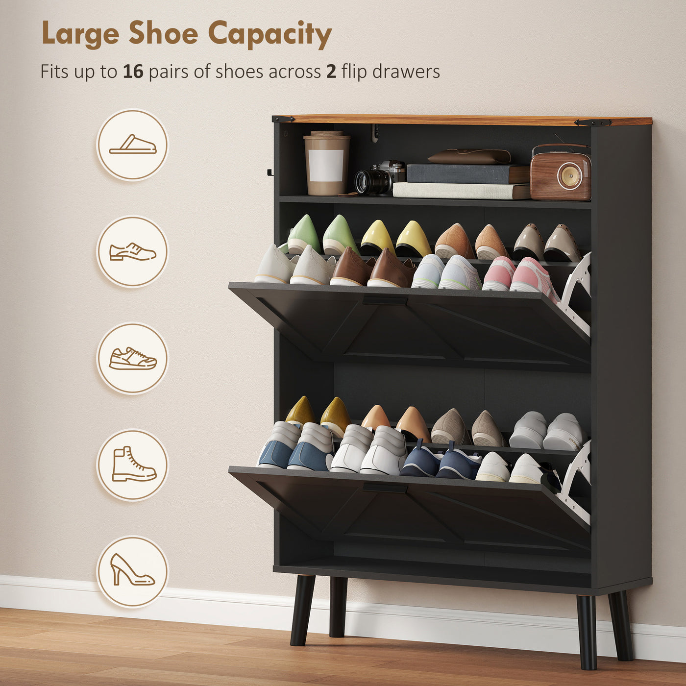 Shoe Storage Cabinet with 2 Flip Drawers, Farmhouse Narrow Shoe Cabinet, Holds Up to 16 Pairs, Black