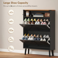 Shoe Storage Cabinet with 2 Flip Drawers, Farmhouse Narrow Shoe Cabinet, Holds Up to 16 Pairs, Black