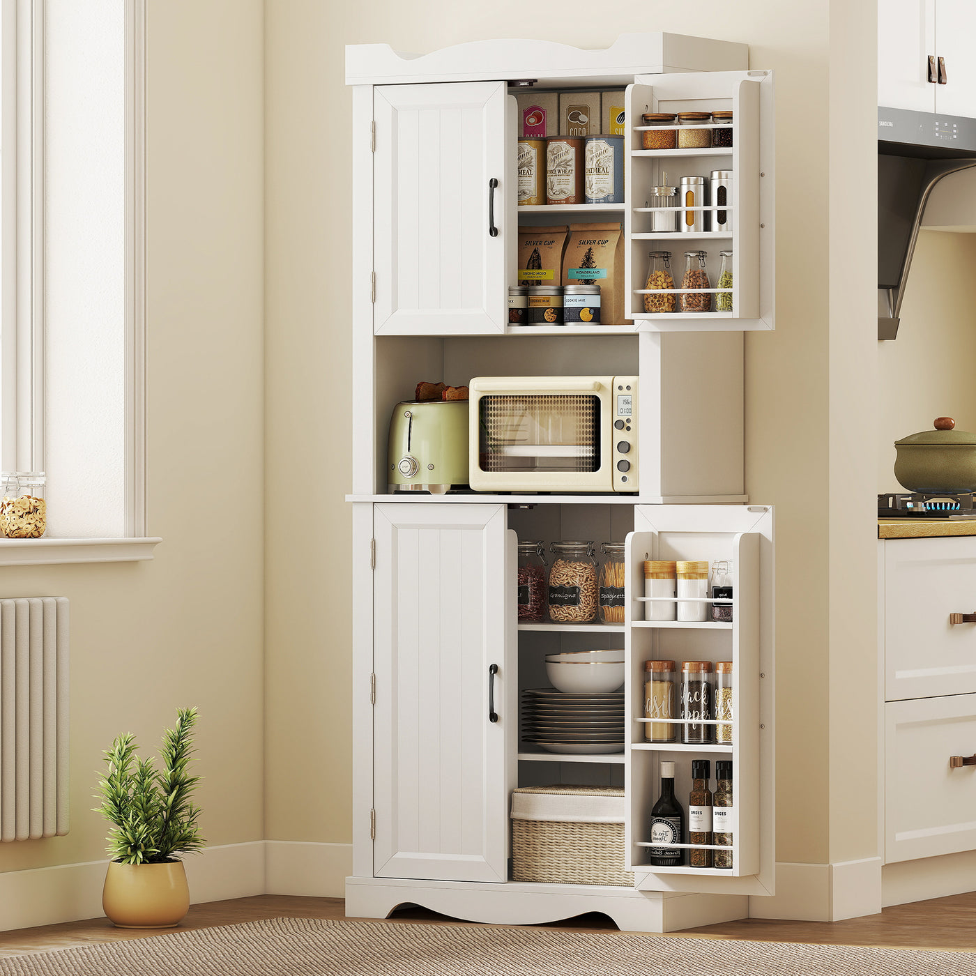73" Kitchen Pantry Cabinet, Freestanding Kitchen Hutch with 12 Door Shelves, Adjustable Shelves, Microwave Stand, White