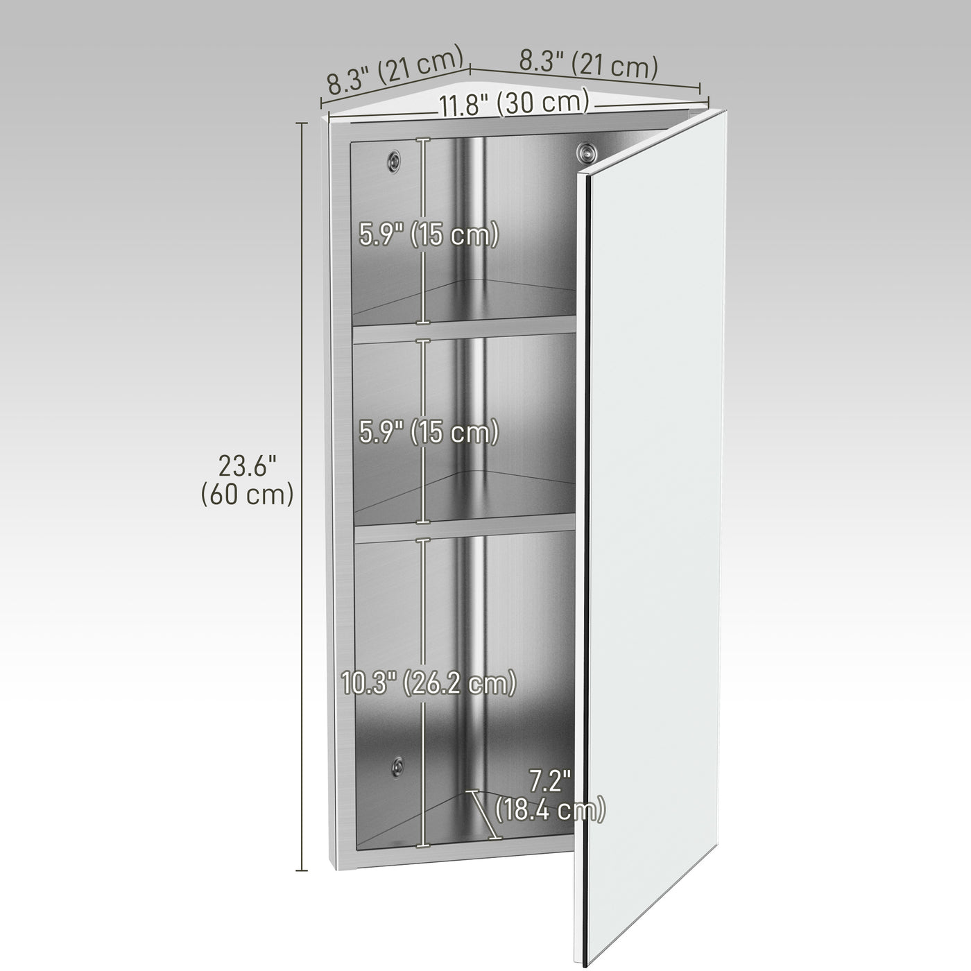 Wall mounted Bathroom Corner Mirror Storage Cabinet Stainless Steel with Single Door